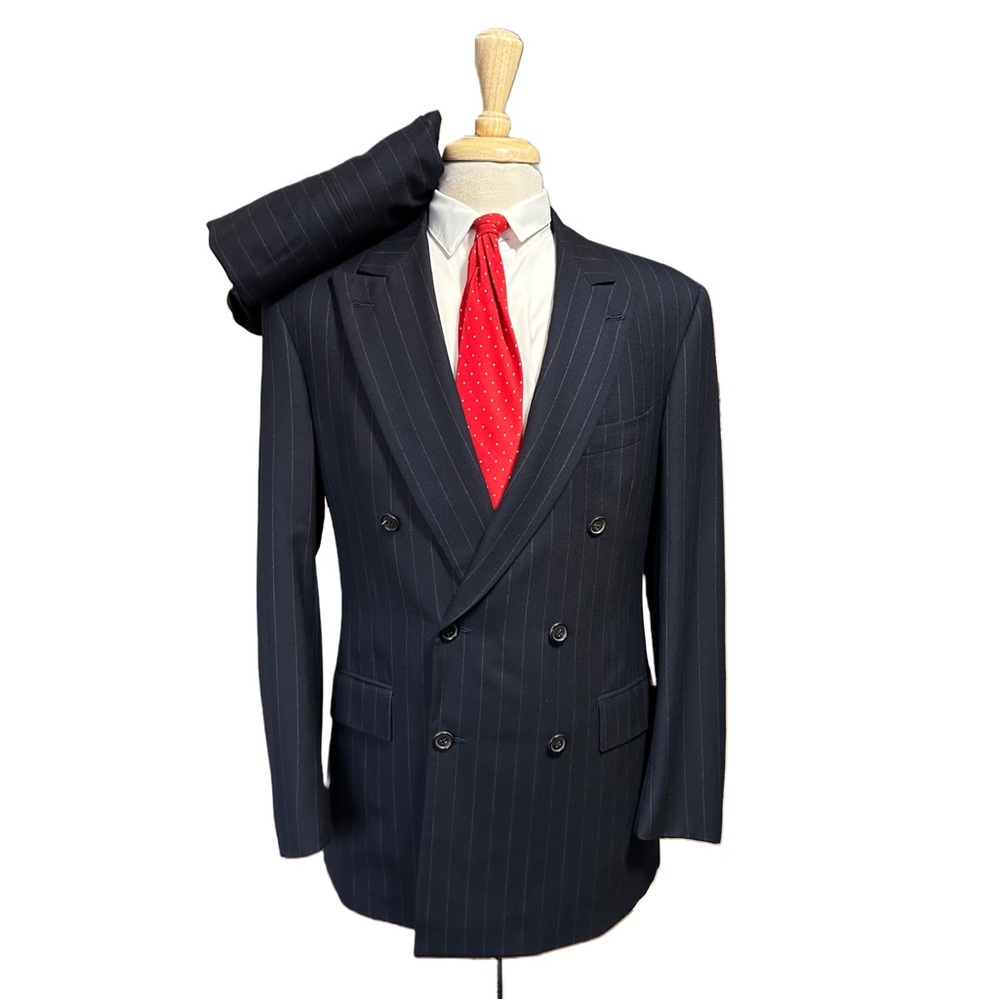 Brooks Brothers Golden Fleece Chalkstripe Blue Suit 40R-33X31 Double Breasted
